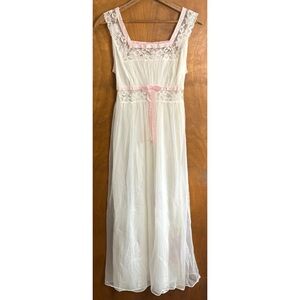Vintage White 50s 60s Babydoll Maxi Dress Nightgown Square Neck Lace Sheer Mesh